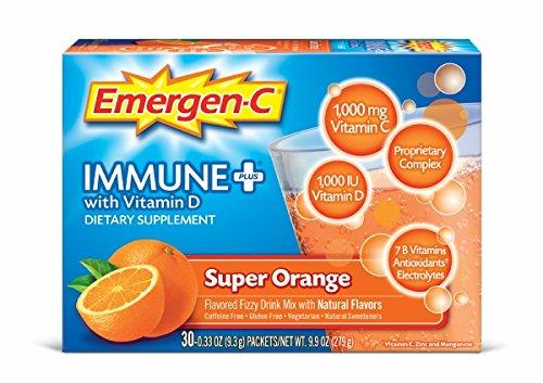 Emergenc Immune+ System Support Dietary Supplement Drink Mix With Vitamin D 1000Mg Vitamin C 0.33 Ounce Packets Super Orange Flavor 30 Count