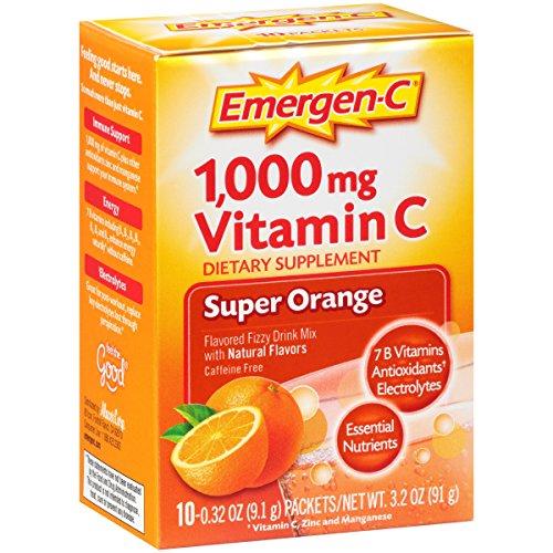 Emergenc Dietary Supplement Drink Mix With 1000 Mg Vitamin C 0.32 Ounce Packets Caffeine Free Super Orange Flavor 10 Count