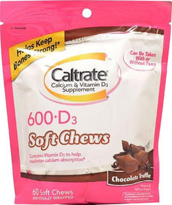 Caltrate 600 + D3 Calcium Vitamin D3 Supplement Chocolate Truffle 60 Soft Chews 2Pc