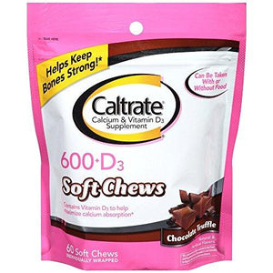 Caltrate 600+D Calcium Soft Chews Chocolate Truffle 60 Count Per Bag